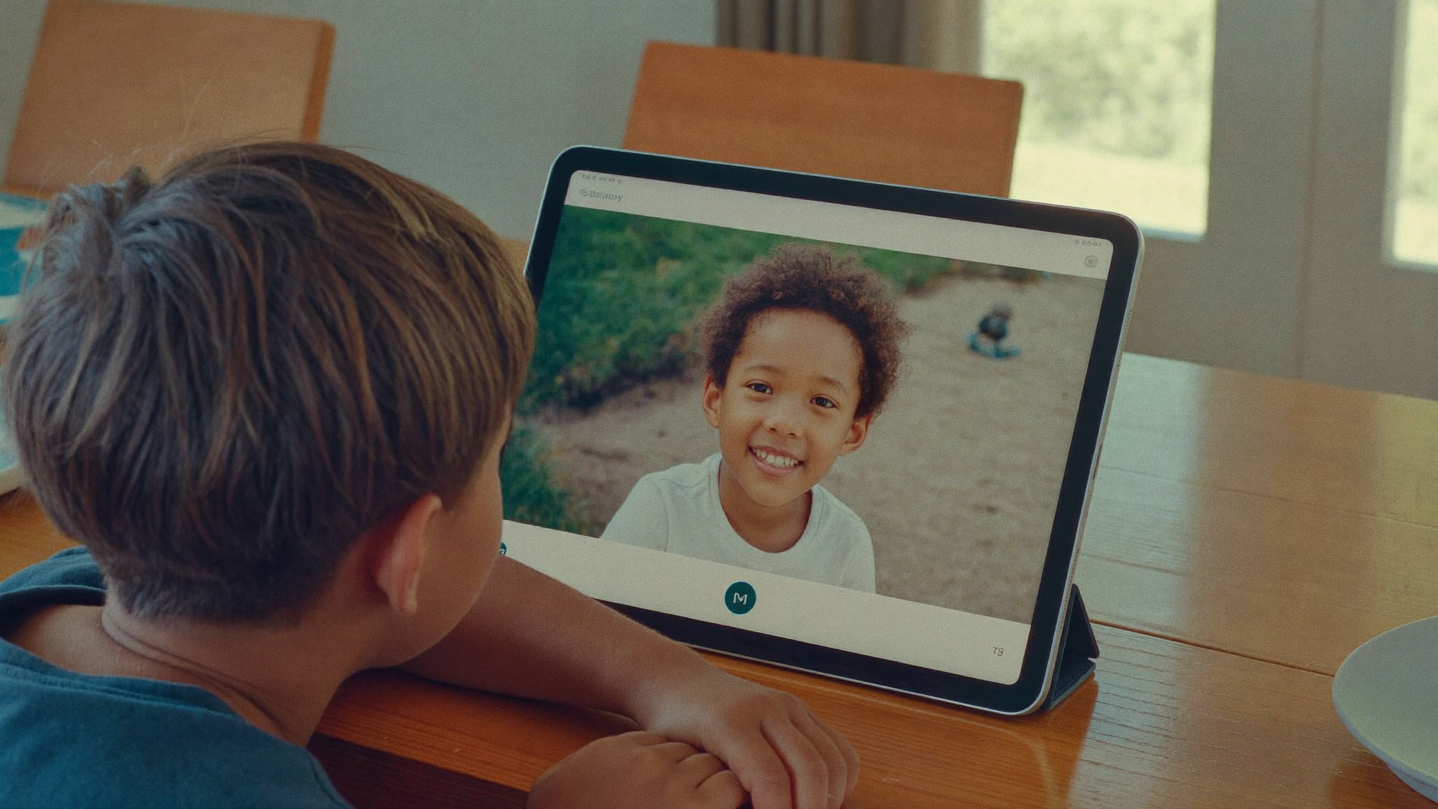 Enfant qui utilise une application anglais enfant, calme et concentré devant une vidéo